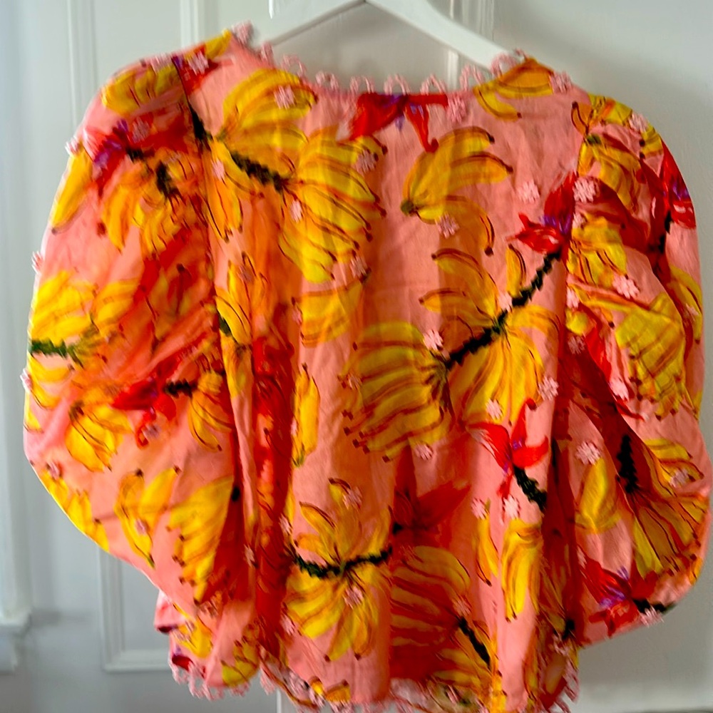 Farm Rio  blouse. Back button details.  Embroidery trim on neckline